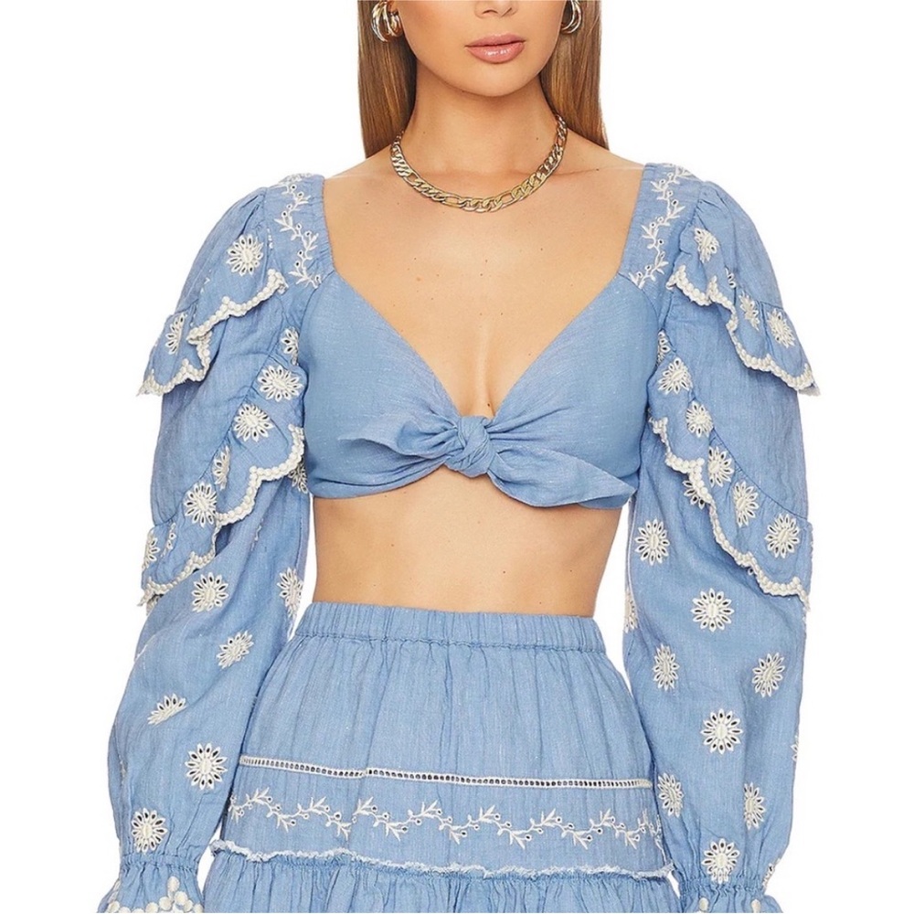 Loveshackfancy Milanti tie-front ruffled broderie anglaise cotton & linen top
